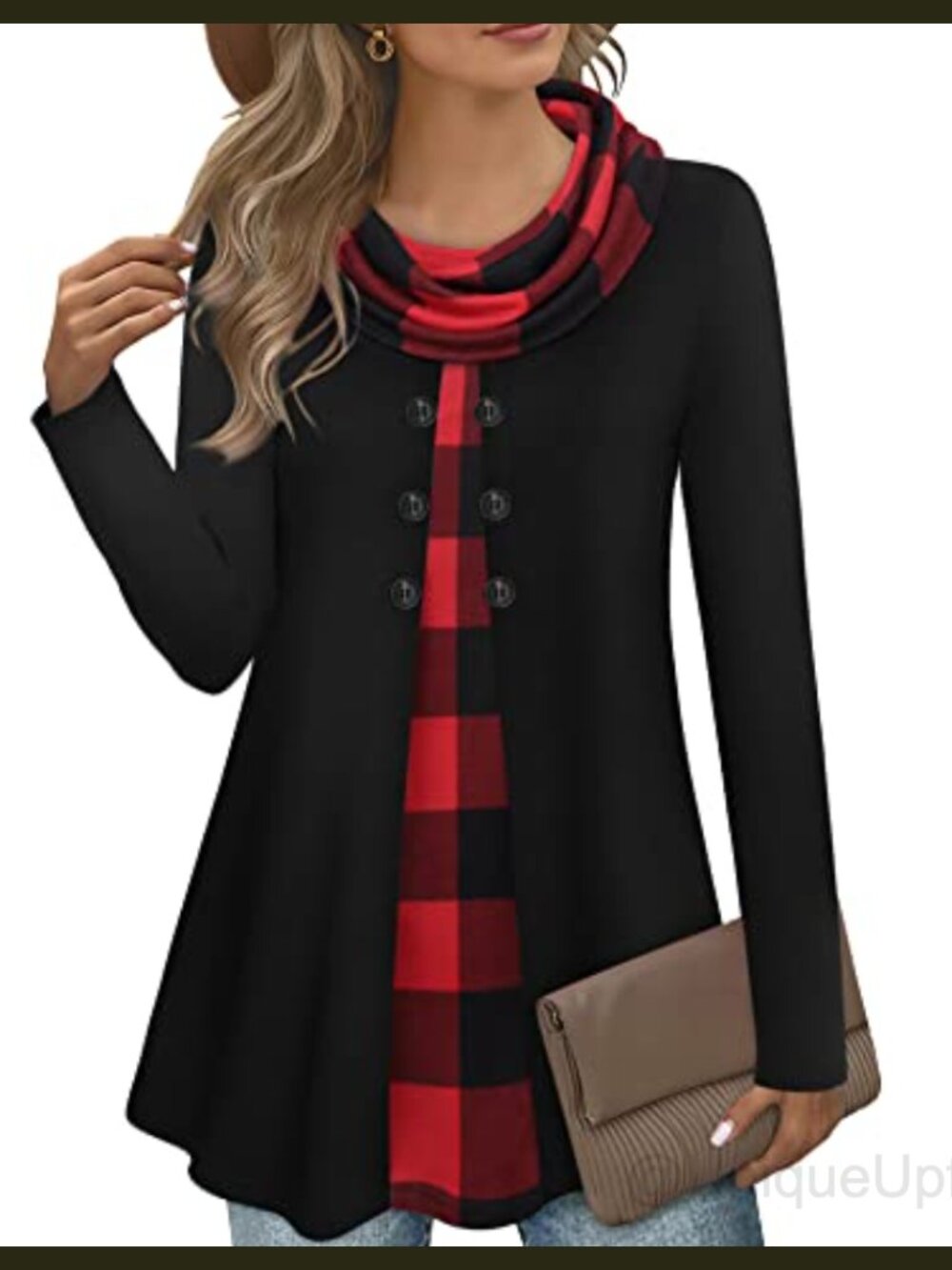 Womens Long Sleeve Cowl Neck Splicing Tunic Top Button A-Line